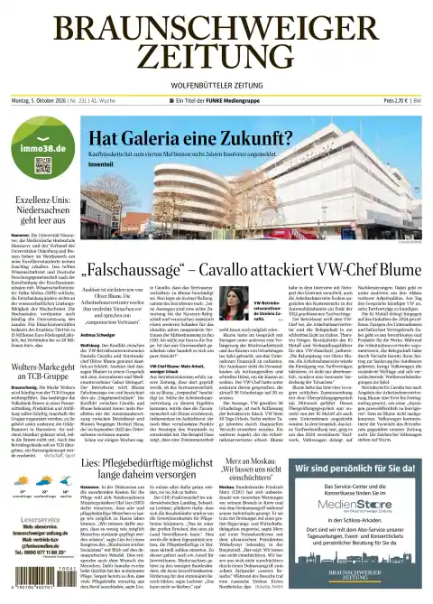 Capa do Braunschweiger Zeitung de 5 de outubro de 2026. Manchete: Tem a Galeria um futuro?