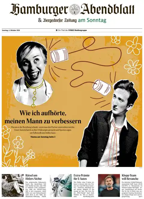Capa do Hamburger Abendblatt de 4 de outubro de 2026. Manchete: Como deixei de tentar corrigir o meu marido.