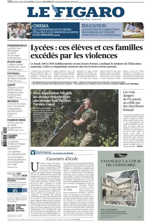 Capa do Le Figaro de 5 de outubro de 2026. Manchete: Liceus: estes alunos e estas famílias exasperados com a violência.