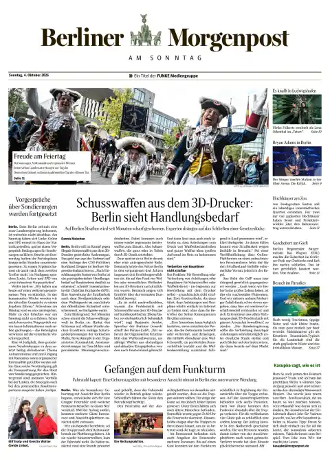Capa do Berliner Morgenpost de 4 de outubro de 2026. Manchete: Armas de fogo impressas em 3D: Berlim vê necessidade de agir.