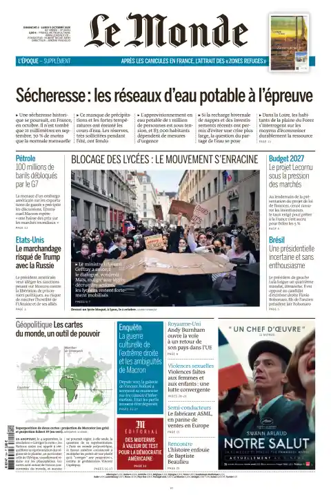 Le Monde front page, 4 October 2026. Headline: Drought: drinking water networks put to the test.