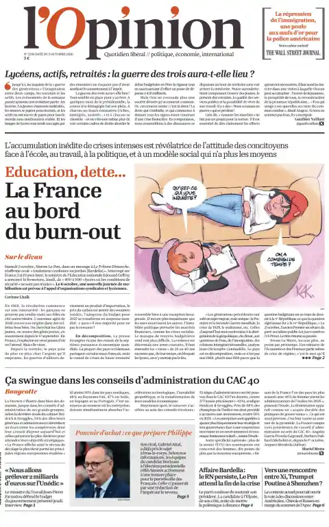 Capa do L'Opinion de 5 de outubro de 2026. Manchete: Alunos, activos, reformados: haverá guerra entre os três?