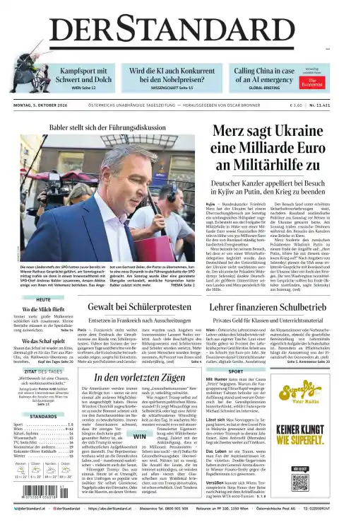 Der Standard front page, 5 October 2026. Headline: Merz pledges Ukraine one billion euros in military aid.