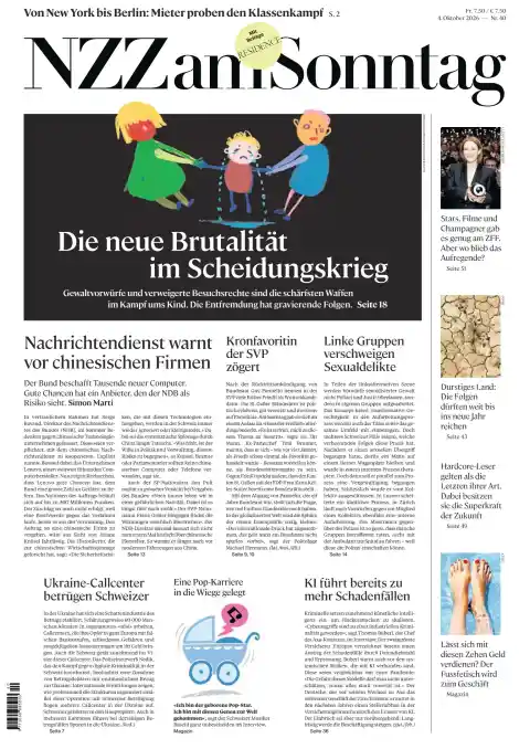Capa do NZZ am Sonntag de 4 de outubro de 2026. Manchete: A nova brutalidade na guerra do divórcio.