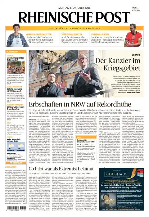 Capa do Rheinische Post de 5 de outubro de 2026. Manchete: Heranças na Renânia do Norte-Vestfália atingem recorde.