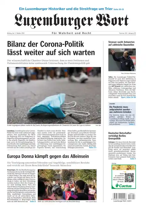 Capa do Luxemburger Wort de 5 de outubro de 2026. Manchete: Balanço da política de combate à covid-19 continua a fazer-se esperar.