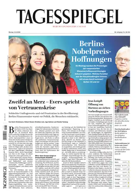 Der Tagesspiegel front page, 5 October 2026. Headline: Doubts about Merz: Evers speaks of a crisis of confidence.