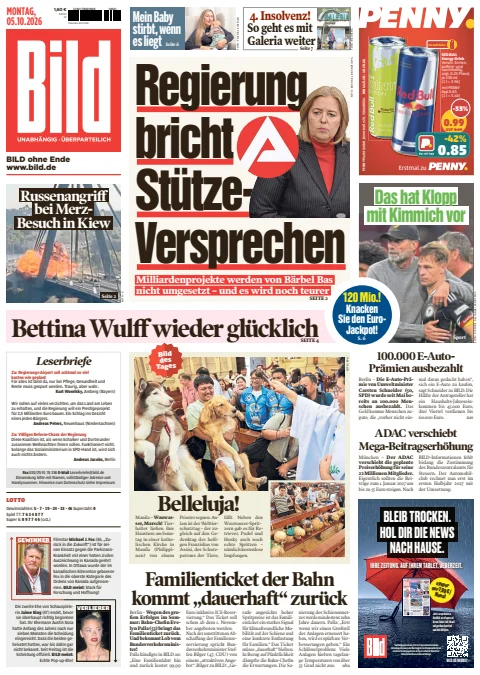 Capa do Bild de 5 de outubro de 2026. Manchete: Governo quebra promessa sobre o subsídio.