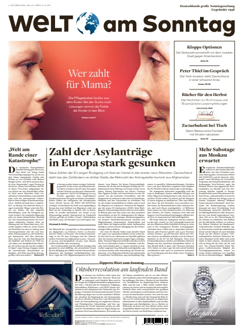 Capa do Welt am Sonntag de 4 de outubro de 2026. Manchete: Quem paga pela mãe?