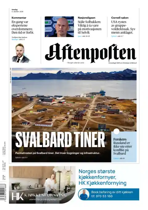 Capa do Aftenposten de 4 de outubro de 2026. Manchete: Svalbard está a degelar.