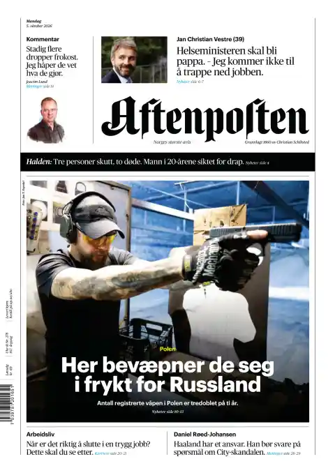 Capa do Aftenposten de 5 de outubro de 2026. Manchete: Aqui armam-se por medo da Rússia.