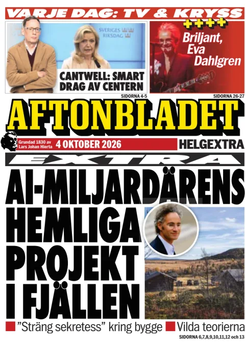 Aftonbladet front page, 4 October 2026. Headline: AI billionaire's secret project collapsed.