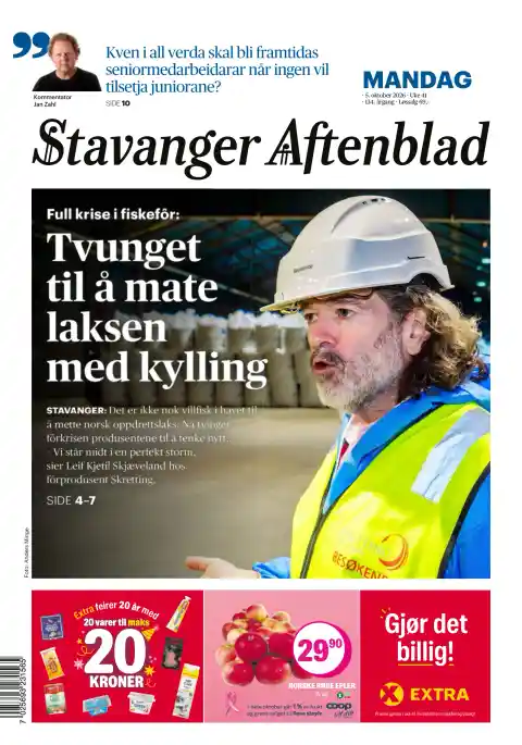Capa do Stavanger Aftenblad de 5 de outubro de 2026. Manchete: Forçado a alimentar o salmão com frango.