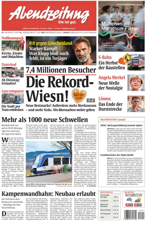 Capa do Abendzeitung München de 5 de outubro de 2026. Manchete: A Wiesn recorde!