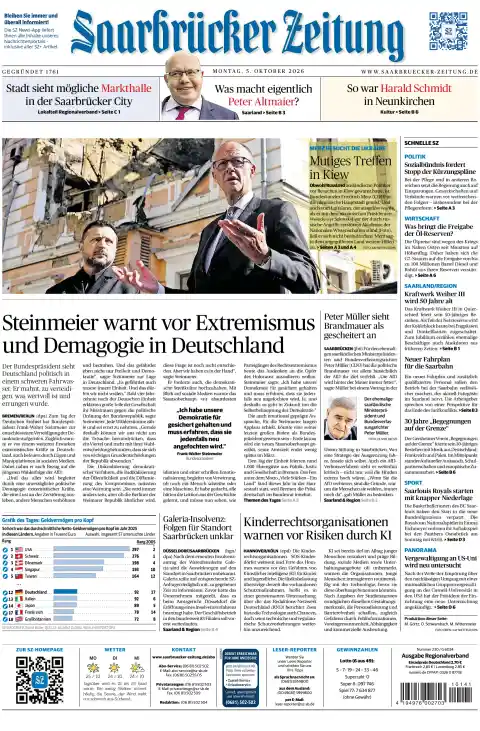 Capa do Saarbrücker Zeitung de 5 de outubro de 2026. Manchete: Steinmeier avisa contra extremismo e demagogia na Alemanha.