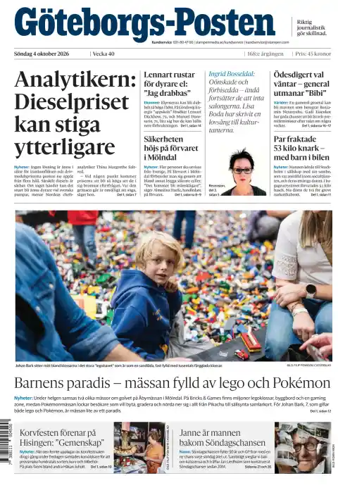 Capa do Göteborgs-Posten de 4 de outubro de 2026. Manchete: Analista: preço do gasóleo pode continuar a subir.