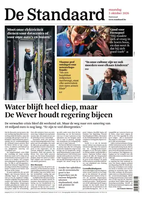 Capa do De Standaard de 5 de outubro de 2026. Manchete: A água continua muito funda, mas De Wever mantém o Governo unido.