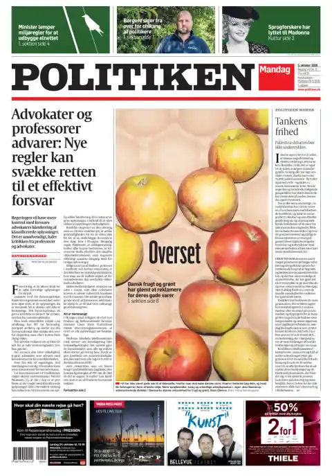 Capa do Politiken de 5 de outubro de 2026. Manchete: Advogados e professores avisam: novas regras podem fragilizar o direito a uma defesa eficaz.