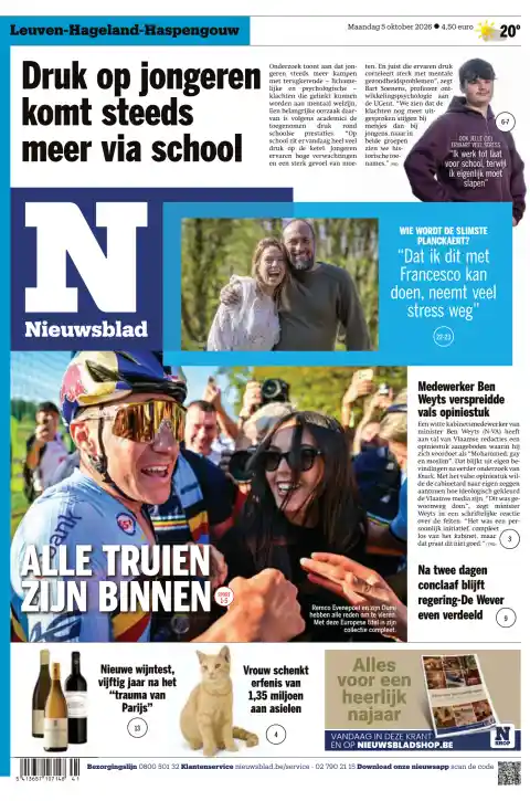 Capa do Het Nieuwsblad de 5 de outubro de 2026. Manchete: Pressão sobre os jovens chega cada vez mais através da escola.