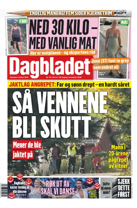 Capa do Dagbladet de 5 de outubro de 2026. Manchete: Assim os amigos ficaram baleados.