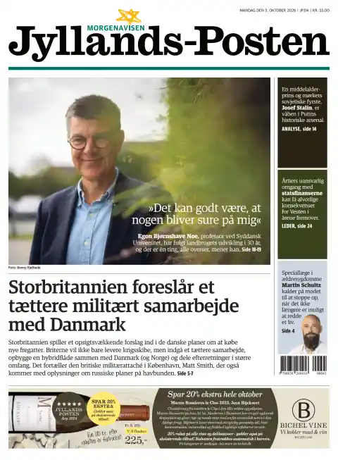 Capa do Jyllands-Posten de 5 de outubro de 2026. Manchete: O Reino Unido propõe uma cooperação militar mais estreita com a Dinamarca.