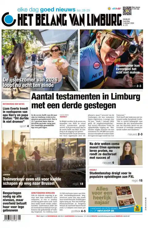Capa do Het Belang van Limburg de 5 de outubro de 2026. Manchete: Número de testamentos em Limburgo aumentou um terço.