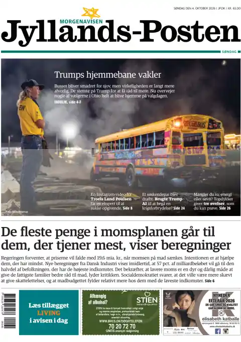 Jyllands-Posten front page, 4 October 2026. Headline: Most of the money in the VAT plan goes to those who earn the most, calculations show.