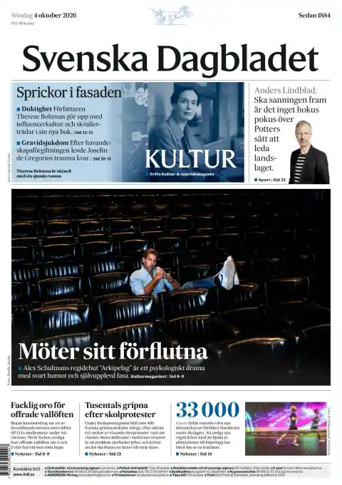 Capa do Svenska Dagbladet de 4 de outubro de 2026. Manchete: Enfrenta o seu passado.