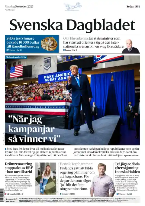 Capa do Svenska Dagbladet de 5 de outubro de 2026. Manchete: "Quando faço campanha, nós ganhamos".