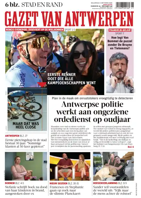 Gazet van Antwerpen front page, 5 October 2026. Headline: First cyclist ever to win all the championships.