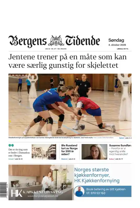 Bergens Tidende front page, 4 October 2026. Headline: Girls train in a way that may be particularly beneficial for the skeleton.