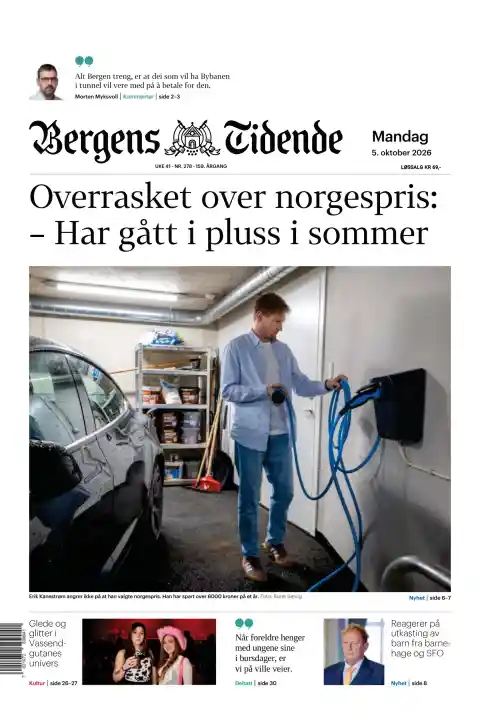 Capa do Bergens Tidende de 5 de outubro de 2026. Manchete: Surpreendido com o preço norueguês: - Ganhei dinheiro no verão.