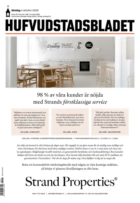 Hufvudstadsbladet front page, 4 October 2026. Headline: 98% of our customers are satisfied with Strand's first-class service.