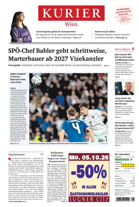 Kurier front page, 5 October 2026. Headline: SPÖ leader Babler to step down gradually, Marterbauer vice-chancellor from 2027.