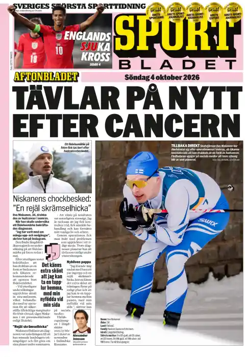 Sportbladet front page, 4 October 2026. Headline: Back to competition after cancer.