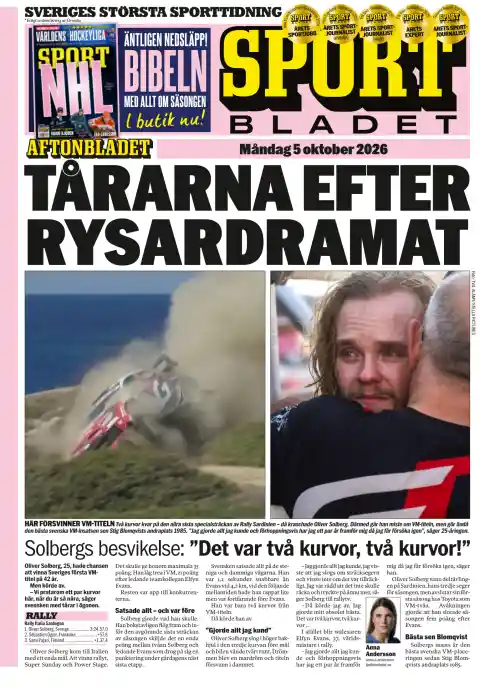 Capa do Sportbladet de 5 de outubro de 2026. Manchete: As lágrimas depois do drama da Rali.