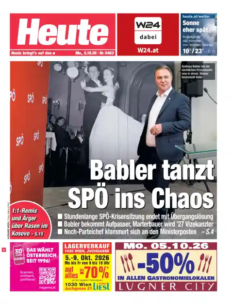 Capa do Heute de 5 de outubro de 2026. Manchete: Babler conduz SPÖ ao caos.