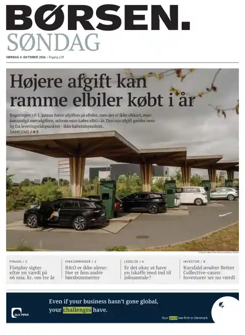 Capa do Børsen de 4 de outubro de 2026. Manchete: Imposto mais elevado pode afetar carros elétricos comprados este ano.