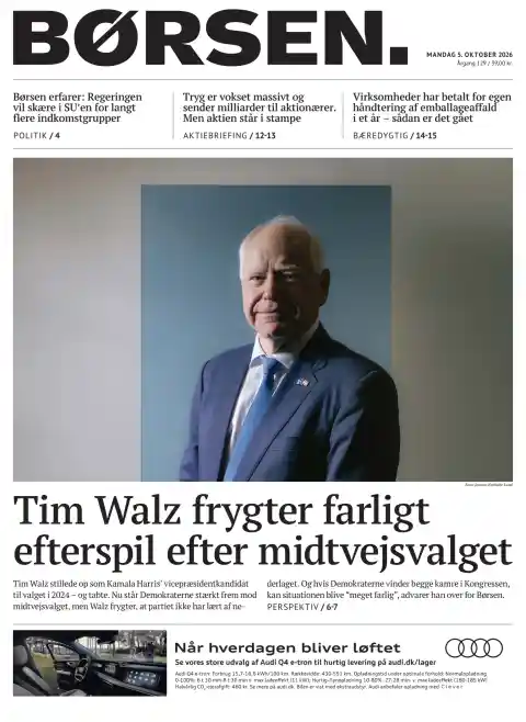 Capa do Børsen de 5 de outubro de 2026. Manchete: Tim Walz teme perigosas consequências após eleições intercalares.