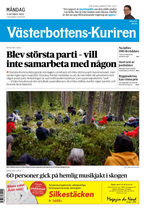 Capa do Västerbottens-Kuriren de 5 de outubro de 2026. Manchete: Tornou-se o maior partido - não quer colaborar com ninguém.
