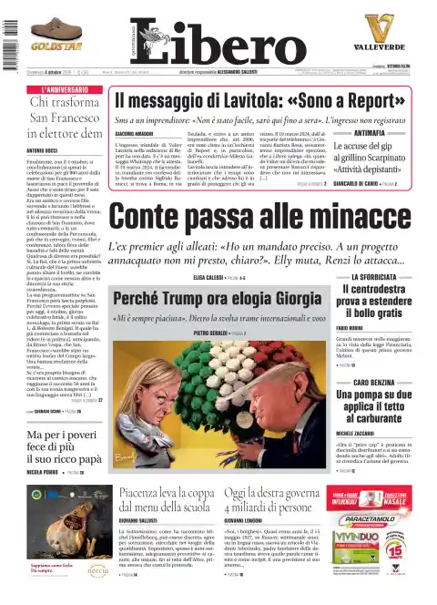Libero front page, 4 October 2026. Headline: Conte resorts to threats.