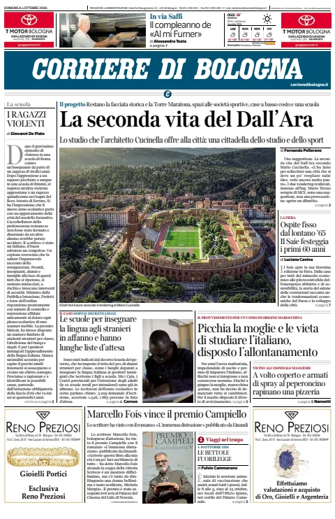 Capa do Corriere di Bologna de 4 de outubro de 2026. Manchete: A segunda vida do Dall'Ara.