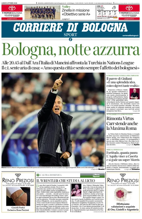 Corriere di Bologna front page, 5 October 2026. Headline: Bologna, blue night.