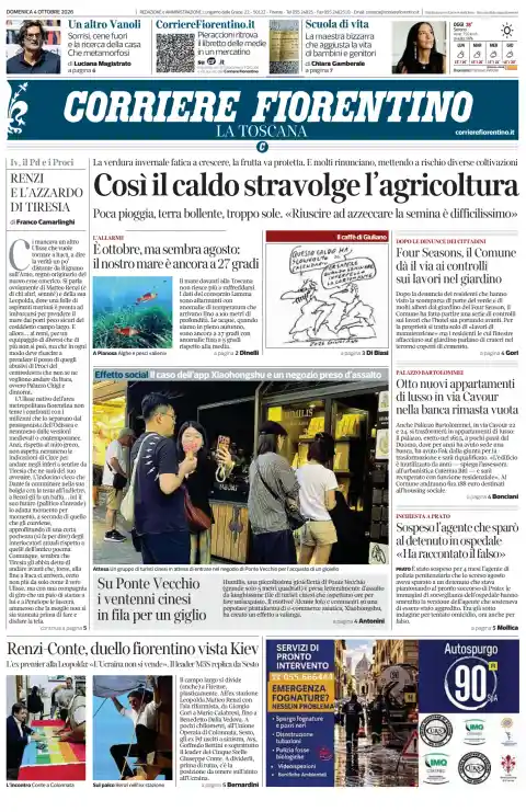 Capa do Corriere Fiorentino de 4 de outubro de 2026. Manchete: Assim o calor transforma a agricultura.