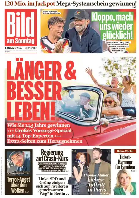 Bild am Sonntag front page, 4 October 2026. Headline: Live longer and better!