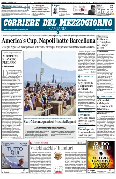 Capa do Corriere del Mezzogiorno de 4 de outubro de 2026. Manchete: America's Cup, Nápoles bate Barcelona.