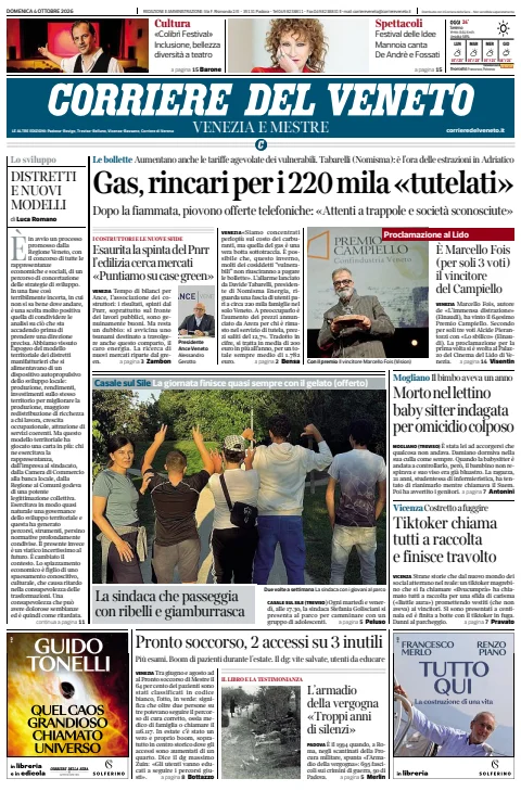 Capa do Corriere del Veneto de 4 de outubro de 2026. Manchete: Gás, aumentos para os 220 mil «protegidos».