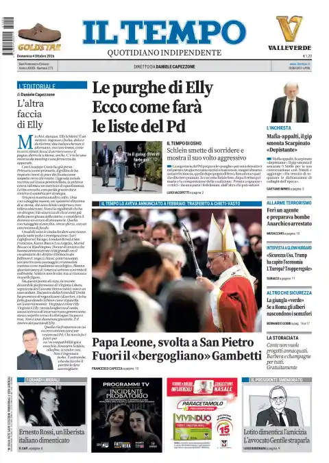 Capa do Il Tempo de 4 de outubro de 2026. Manchete: Os expurgos de Elly. Como fará as listas do PD.