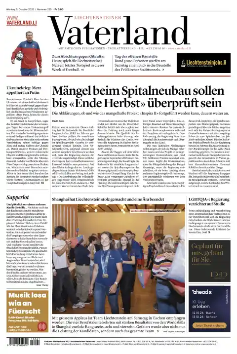 Liechtensteiner Vaterland front page, 5 October 2026. Headline: Defects in the new hospital building are to be reviewed by "the end of autumn".