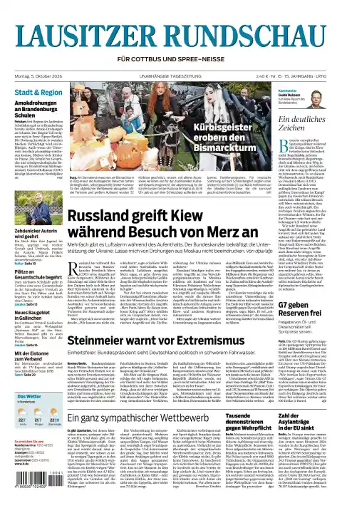 Capa do Lausitzer Rundschau de 5 de outubro de 2026. Manchete: Rússia ataca Kiev durante visita de Merz.
